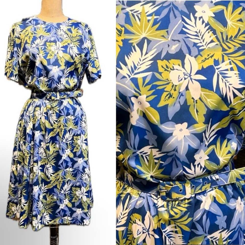 VINTAGE tropical summer floral midi dress palm tree leaves belted elastic waist